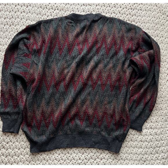 Vintage 90s Striped Grandpa Sweater Red Green Copper V-neck Cosby Size XL - Picture 2 of 3